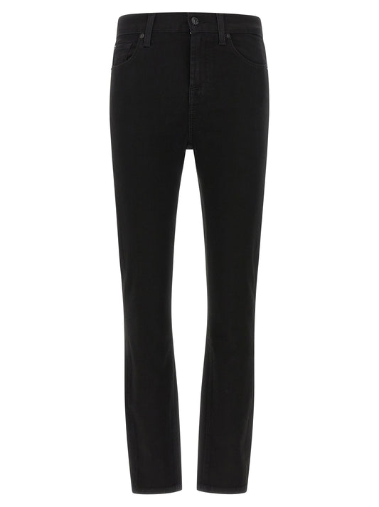 Jeans by 7 For All Mankind for women in cotton denim polyester & viscose black, silver & signature features a refined silhouette with a refined skinny, defined by a mid rise and a refined long for a refined finish.