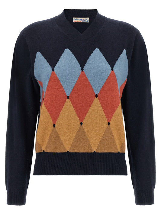 Cardigan by Ballantyne for women in cashmere navy, patterned & argyle features an crisp silhouette, showcasing a sophisticated v-neck neckline and detail for a truly crisp finish.