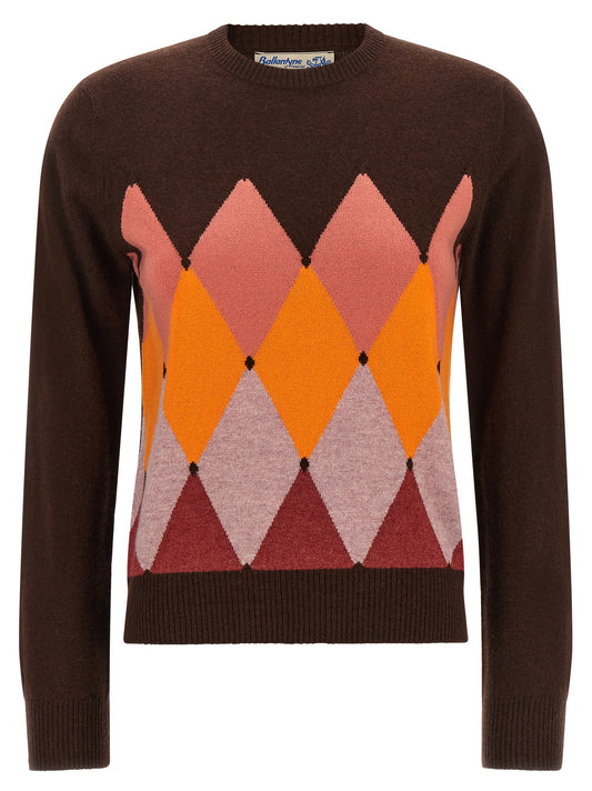 Cardigan by Ballantyne for women in cashmere brown, burgundy, orange, pink & patterned features a dramatic silhouette, showcasing a sophisticated and dramatic detail for a timeless, premium look.