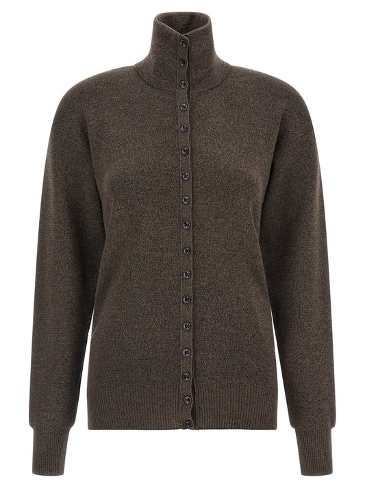 Cardigan by Lemaire for women in wool brown features a dramatic silhouette, showcasing a sophisticated high-neck neckline and dramatic detail for a timeless, premium look.