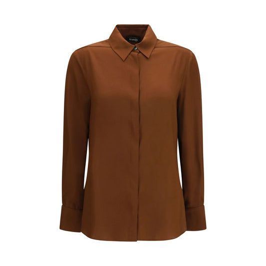 Blouse by Ella for women in silk brown & pearl showcases a sharp silhouette, elegantly detailed with a sharp and sharp .