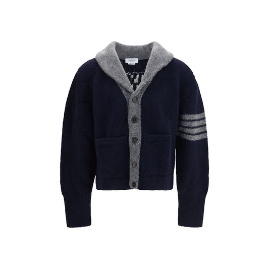 Hooded Cardigan by Thom Browne for men in merino wool blue, signature & striped features a nuanced silhouette with a refined hooded shawl-collar neckline and nuanced detailing for a sophisticated look.