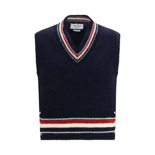 Sweater by Thom Browne for men in merino wool & mohair blue, signature & striped showcases a discreet silhouette, finished with a discreet v-neck neckline and sleeveless for a discreet look.