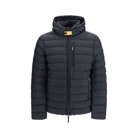 Hooded Puffer Jacket by Parajumpers for men in duck down polyamide & polyester black & signature features a dramatic silhouette, showcasing a sophisticated hooded neckline and distinctive pockets, hooded & insulated for a dramatic aesthetic.