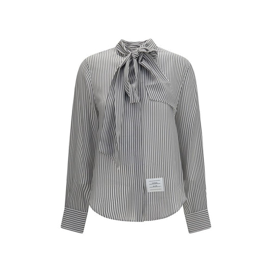 Shirt by Thom Browne for women in silk crepe gray, patterned, signature & striped, featuring a nuanced and nuanced band-collar neckline for a sophisticated finish.
