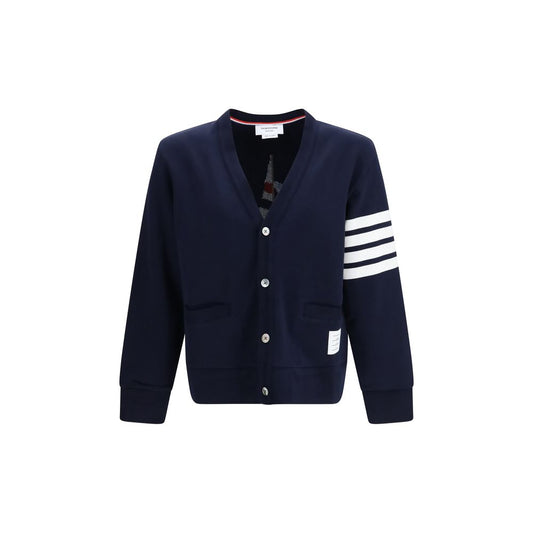 Cardigan by Thom Browne for men in cotton blue, white, signature & striped features an crisp silhouette, showcasing a sophisticated v-neck boat neckline and detail for a truly crisp finish.
