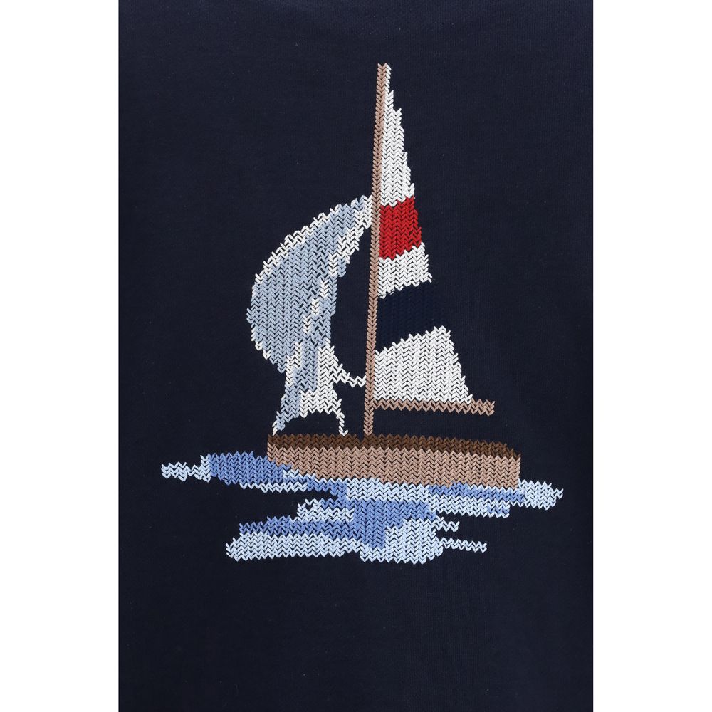 Cardigan by Thom Browne for men in cotton blue, white, signature & striped presents a textural silhouette, artfully finished with a textural v-neck boat neckline and for a sophisticated, textural look.