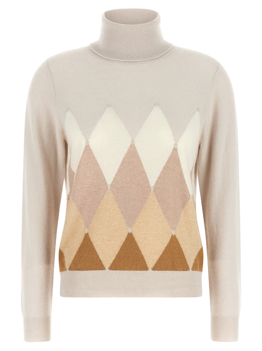 Cardigan by Ballantyne for women in cashmere beige & patterned features an crisp silhouette, showcasing a sophisticated turtle high-neck neckline and detail for a truly crisp finish.