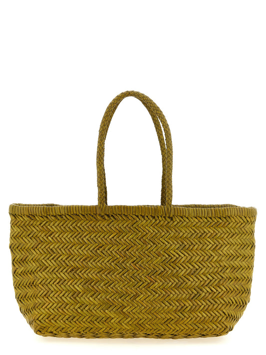 Mini Shopper Tote Basket Handbag by Dragon Diffusion for women in bamboo & calfskin leather bicolour, green, olive & chevron features a signature silhouette, showcasing a secure and signature with versatile shoulder-strap & handle for a sophisticated look.