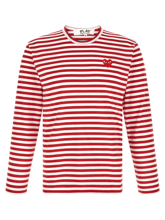 T-Shirt by Comme Des Garçons Play for men in cotton red, white & striped features an edgy silhouette, meticulously detailed with a sophisticated and crew neckline for a truly edgy finish.