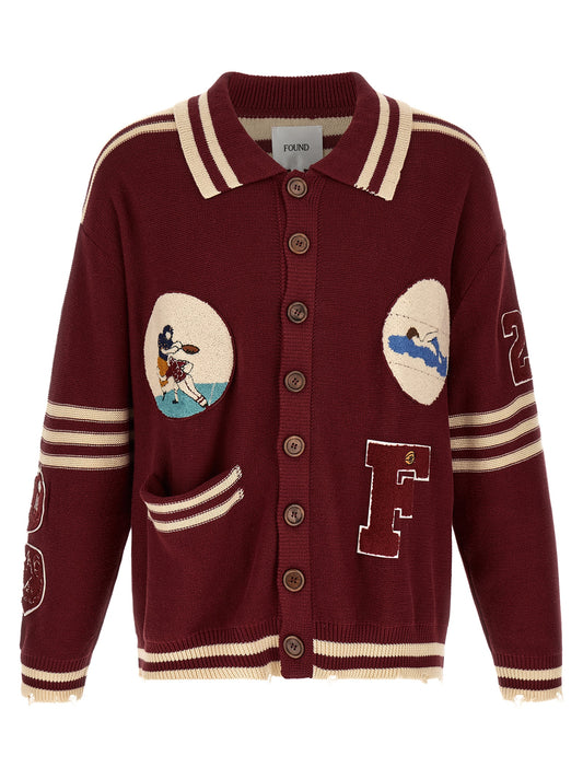 Cardigan by FOUND for men in cotton bordeaux, burgundy, cream & striped showcases a luxurious silhouette, meticulously detailed with a sophisticated square neckline and for a refined finish.