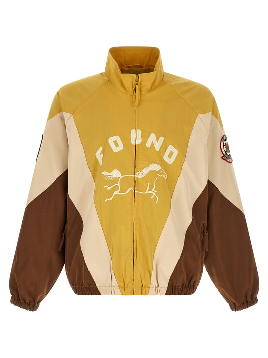 Jacket by FOUND for men in cotton horse leather nylon & spandex brown, multicolor, mustard, patterned & chevron features a smart silhouette, perfectly accentuated by its unique and functional pockets & windproof for a smart finish.