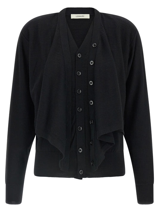 Cardigan by Lemaire for women in wool acrylic black presents a textural silhouette, artfully finished with a textural v-neck neckline and for a sophisticated, textural look.