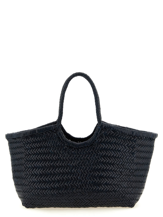 Mini Shopper Tote Basket Shoulder Bag by Dragon Diffusion for women in bos taurus cowhide leather blue & natural showcases a enviable silhouette, artfully detailed with a secure , organized , and versatile shoulder-strap & handle for a enviable look.
