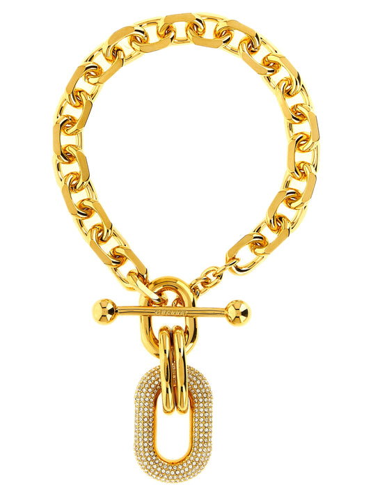 Necklace by Paco Rabanne for women in modacrylic modal & polyester gold features an resplendent silhouette, showcasing a sophisticated chain pendant statement chunky necklace design from the Heart T Bar Women's Brass Gold & Mesh Necklace collection for a resplendent finish.