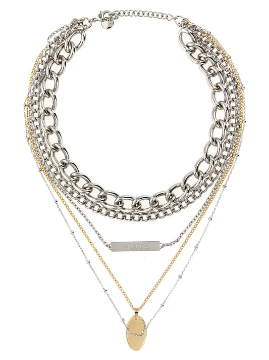 Necklace by Paco Rabanne for women in modacrylic modal & polyester and silver showcases a radiant silhouette, artfully capturing the elegance of Essence Women's Silver Brass Necklace through its intricate pendant necklace design.