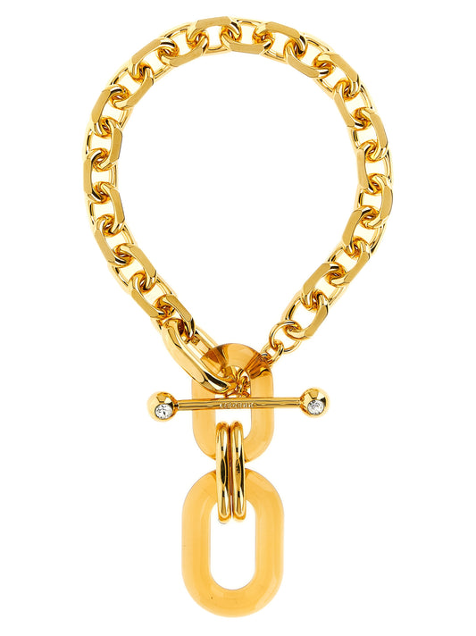 Necklace by Paco Rabanne for women in modacrylic modal & polyester amber & gold showcases a luminous chain pendant statement necklace design that defines the elegant Women's Brass Gold & Resin Necklace.