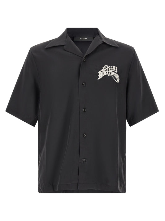 Shirt by Amiri for men in modacrylic modal & polyester black & monogram showcases a sharp silhouette, elegantly detailed with a sharp square lapel neckline and sharp .
