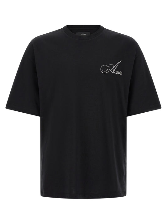 T-Shirt by Amiri for men in cotton black showcases a unassuming silhouette, artfully detailed with a refined and unassuming for a sophisticated, contemporary look.