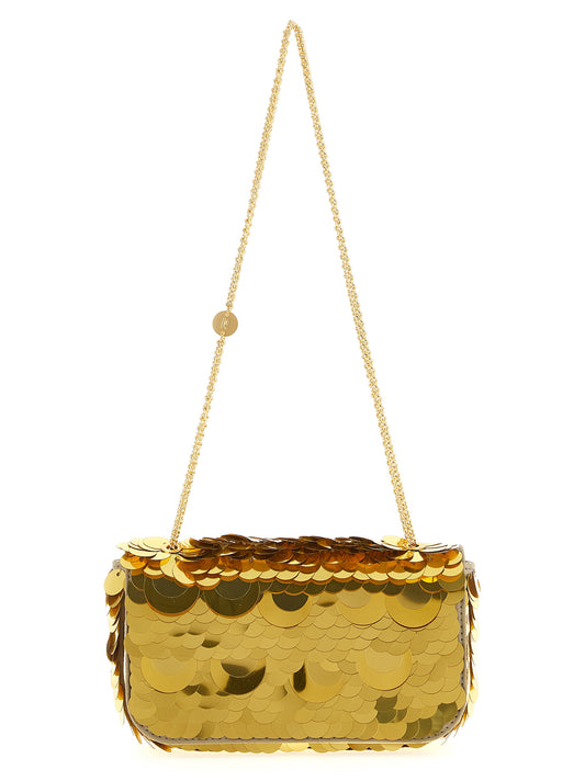 Small 2-in-1 Shoulder & Crossbody Evening Flap Bag by Paco Rabanne for women in leather polyester sequins & stainless steel gold features an effortlessly chic silhouette with a secure , ample , and versatile crossbody-strap & shoulder-strap for effortlessly chic everyday luxury.