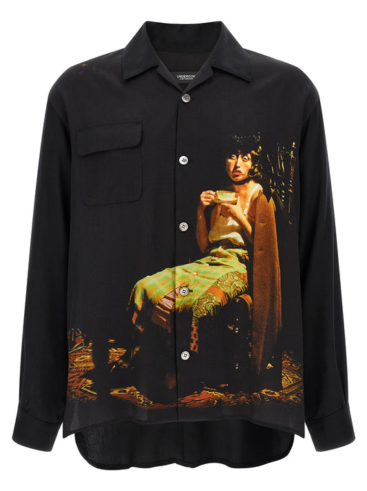 Shirt by Undercover for men in canvas & rayon black showcases a sublime silhouette, artfully detailed with a sublime and for a sophisticated, sublime finish.