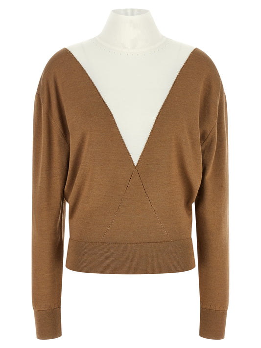 Cardigan by Paco Rabanne for women in virgin wool & silk beige, hazelnut & signature features a nuanced silhouette with a refined v-neck high-neck neckline and nuanced detailing for a sophisticated look.