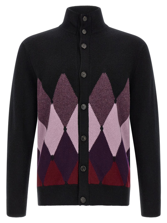 Cardigan by Ballantyne for men in cashmere black, burgundy, lilac, purple, patterned & signature showcases a luxurious silhouette, meticulously detailed with a sophisticated high-neck neckline and for a refined finish.