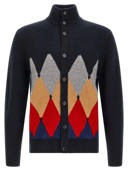 Cardigan by Ballantyne for men in cashmere navy & patterned presents a textural silhouette, artfully finished with a textural and for a sophisticated, textural look.