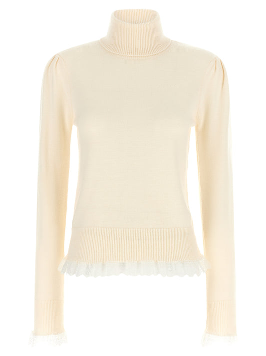 Cardigan by Ganni for women in lace & merino wool cream & white showcases a captivating silhouette, artfully detailed with a captivating and turtle high-neck neckline for a truly sophisticated captivating look.