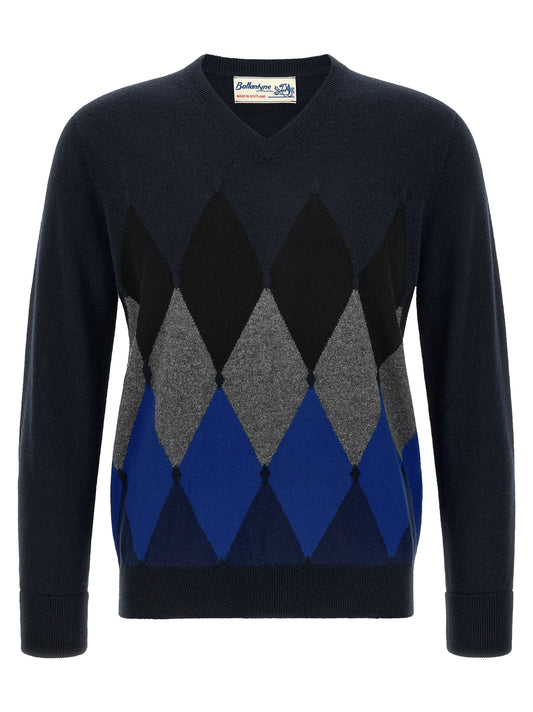 Cardigan by Ballantyne for men in cashmere navy & patterned features a nuanced silhouette with a refined v-neck neckline and nuanced detailing for a sophisticated look.