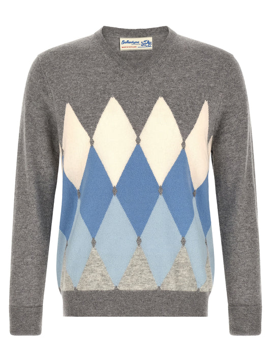 Cardigan by Ballantyne for men in cashmere blue, gray, white & patterned features an crisp silhouette, showcasing a sophisticated v-neck neckline and detail for a truly crisp finish.