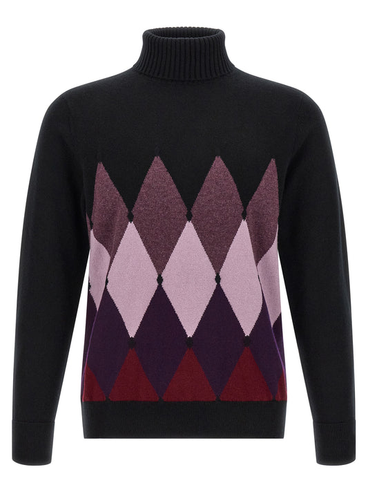Cardigan by Ballantyne for men in cashmere black, burgundy & signature features an crisp silhouette, showcasing a sophisticated turtle high-neck neckline and detail for a truly crisp finish.