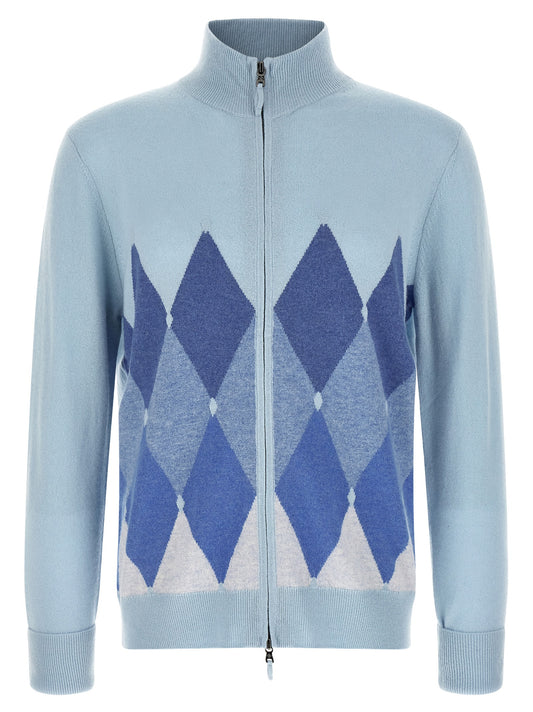 Cardigan by Ballantyne for men in cashmere gray & light-blue showcases a captivating silhouette, artfully detailed with a captivating and wrap high-neck neckline for a truly sophisticated captivating look.