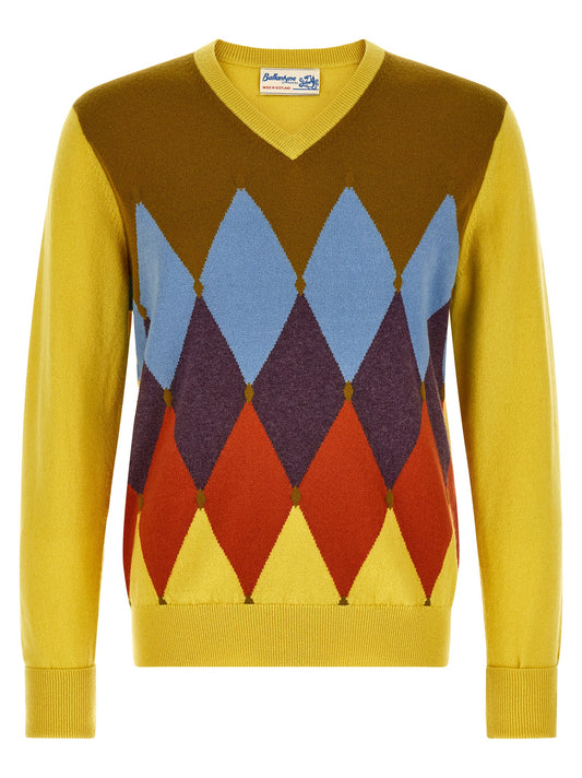 Cardigan by Ballantyne for men in cashmere multicolor, yellow & patterned features a dramatic silhouette, showcasing a sophisticated v-neck neckline and dramatic detail for a timeless, premium look.