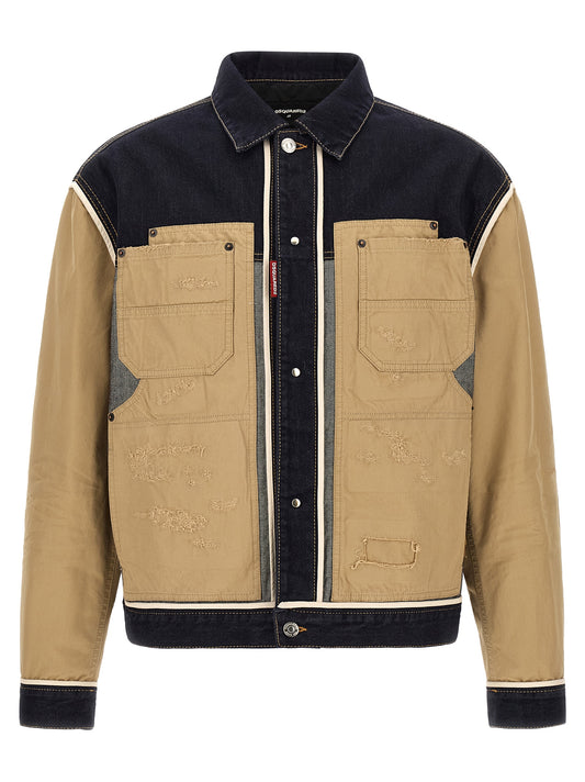 Trucker Jacket by Dsquared² for men in denim cotton beige, red & print features an contemporary silhouette, showcasing a sophisticated and contemporary for a truly refined look.
