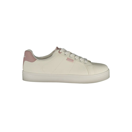 Athletic Sneakers by Ellesse for women in polyester & polyurethane pink, white, signature & print showcases a architectural silhouette, artfully capturing the essence of the Women's Athletic Polyester & Polyurethane Sneakers with its signature architectural athletic style construction.