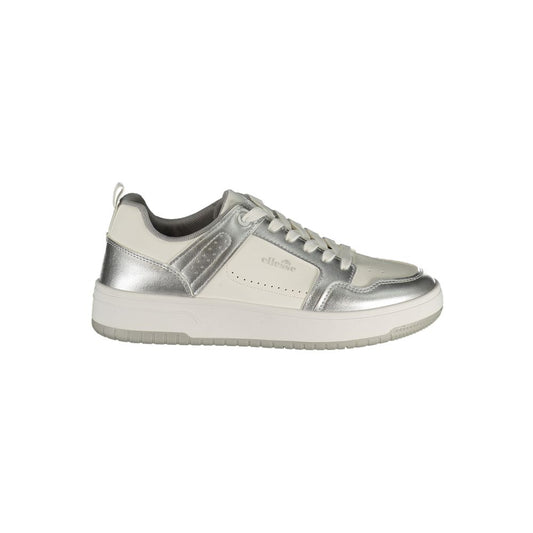 Athletic Sneakers by Ellesse for women in polyester & polyurethane silver & white showcases a architectural silhouette, artfully capturing the essence of the Women's Athletic Polyester & Polyurethane Sneakers with its signature architectural athletic style construction.