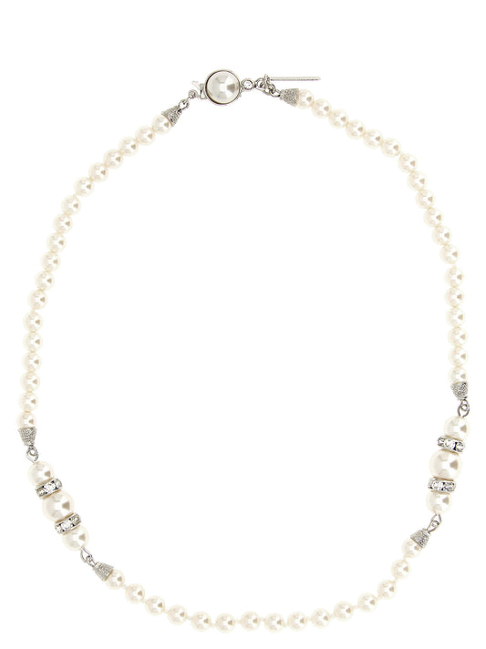 Necklace by Alessandra Rich for women in leather and pearl & white showcases a radiant silhouette, artfully capturing the elegance of Women's Crystal Glass & Pearls Necklace through its intricate .