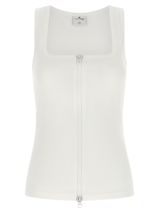 Tank Top by Courrèges for women in cotton & acetate white presents a uncompromising silhouette, artfully detailed with a uncompromising square neckline and sleeveless for a sophisticated, uncompromising finish.