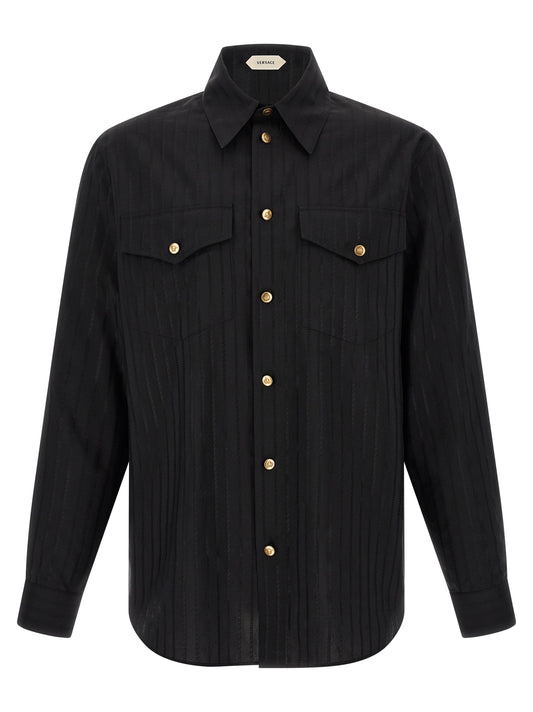 Shirt by Versace for men in silk & cotton black, gold, patterned & jacquard presents a discerning silhouette, showcasing a sophisticated and for a truly discerning finish.