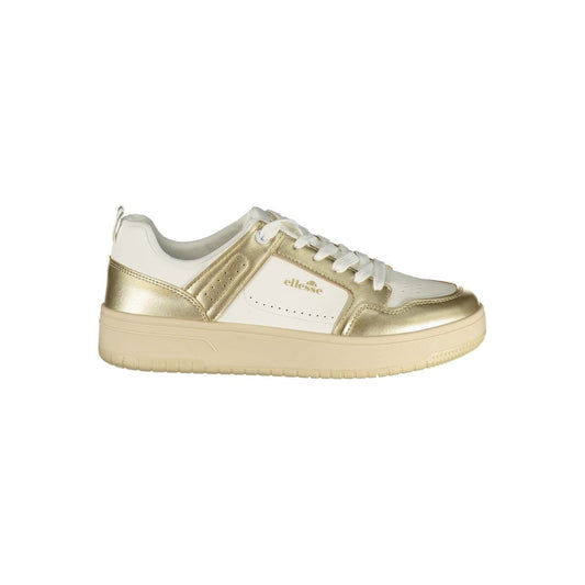 Athletic Sneakers by Ellesse for women in polyester & polyurethane gold, white & print features an effortless chic silhouette, showcasing the signature athletic style of the Women's Athletic Polyester & Polyurethane Sneakers collection with a truly effortless chic finish.