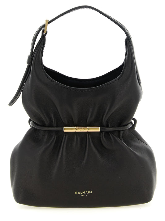 Drawstring Handbag by Balmain for women in lambskin sheep leather & metal black & gold features a signature silhouette, showcasing a secure drawstring and signature cardholder with versatile shoulder-strap & adjustable-strap for a sophisticated look.