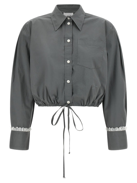 Blouse by Ganni for women in cotton & lace gray showcases a sharp silhouette, elegantly detailed with a sharp and sharp .