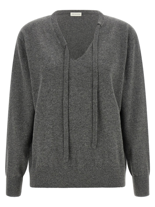 Cardigan by Dries Van Noten for women in cashmere gray features a nuanced silhouette with a refined v-neck neckline and nuanced detailing for a sophisticated look.