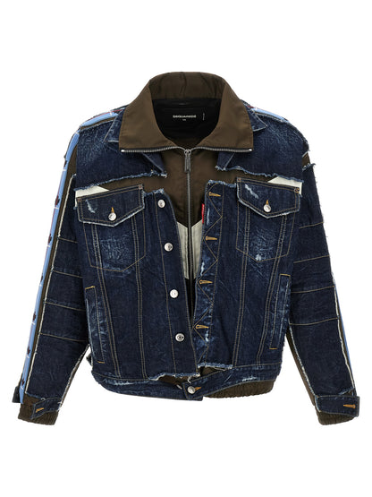 Trucker Jacket by Dsquared² for men in denim cotton dark-blue, green, olive & silver features an on trend silhouette, showcasing refined and a sophisticated for a truly on trend finish.