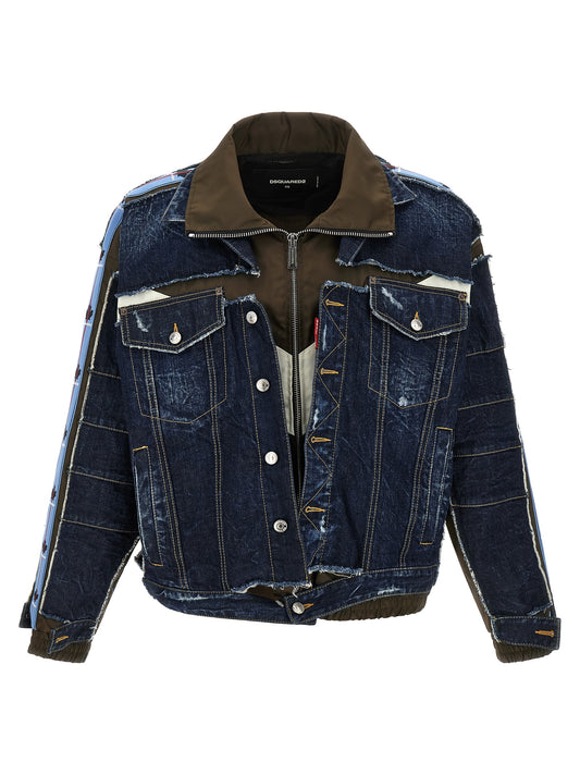 Trucker Jacket by Dsquared² for men in denim cotton dark-blue, green, olive & silver features an on trend silhouette, showcasing refined and a sophisticated for a truly on trend finish.