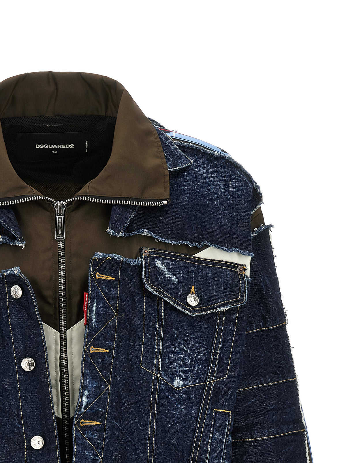 Trucker Jacket by Dsquared² for men in denim cotton dark-blue, green, olive & silver features an contemporary silhouette, showcasing a sophisticated and contemporary for a truly refined look.