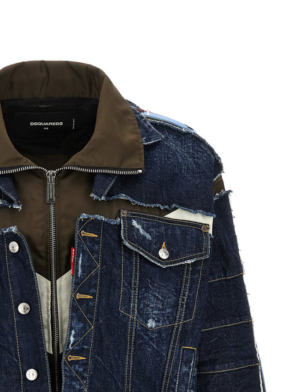 Trucker Jacket by Dsquared² for men in denim cotton dark-blue, green, olive & silver features an contemporary silhouette, showcasing a sophisticated and contemporary for a truly refined look.