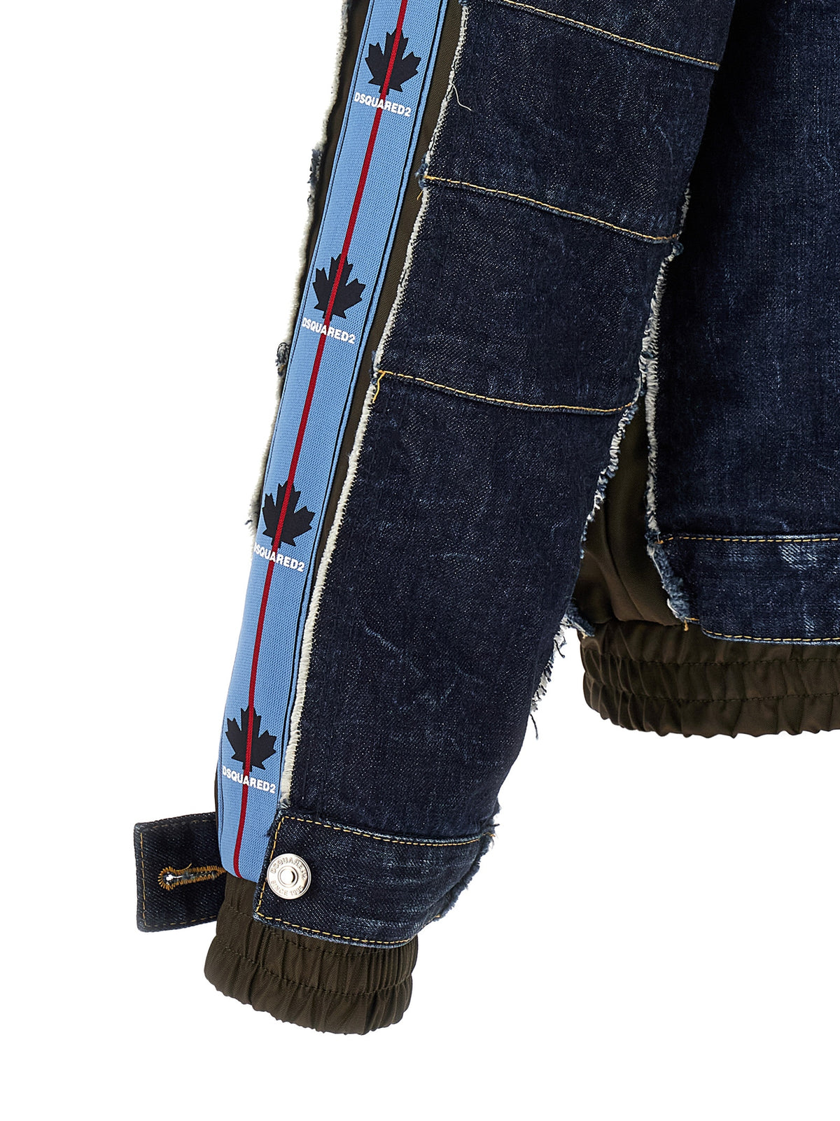 This Trucker Jacket by Dsquared² for men in denim cotton dark-blue, green, olive & silver exhibits a edgy silhouette, meticulously detailed with functional and a edgy for a edgy finish.