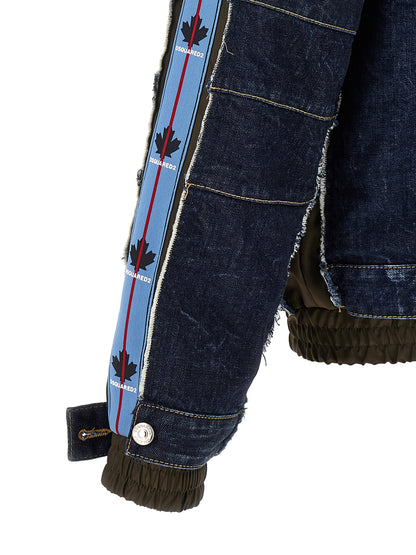 This Trucker Jacket by Dsquared² for men in denim cotton dark-blue, green, olive & silver exhibits a edgy silhouette, meticulously detailed with functional and a edgy for a edgy finish.